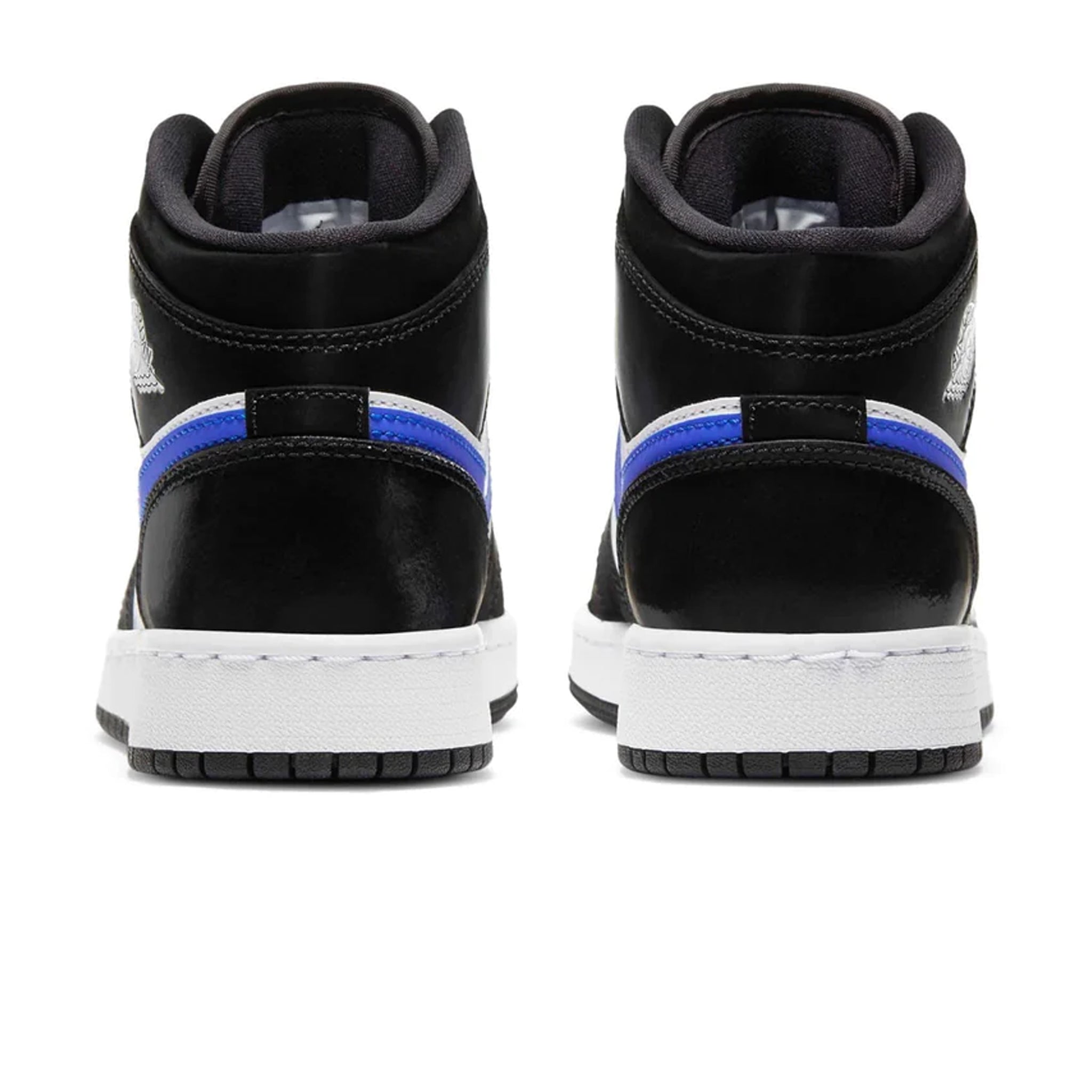Heel view of Air Jordan 1 Mid Black Racer Blue (GS) 554725-084
